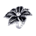 Silver 925 Rhodium and Black Rhodium Plated 2 Toned Clear Center CZ Spiny Petal Flower Ring - BGR00312