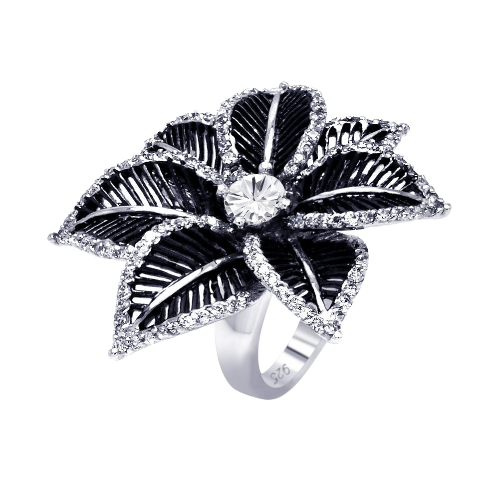 Silver 925 Rhodium and Black Rhodium Plated 2 Toned Clear Center CZ Spiny Petal Flower Ring - BGR00312