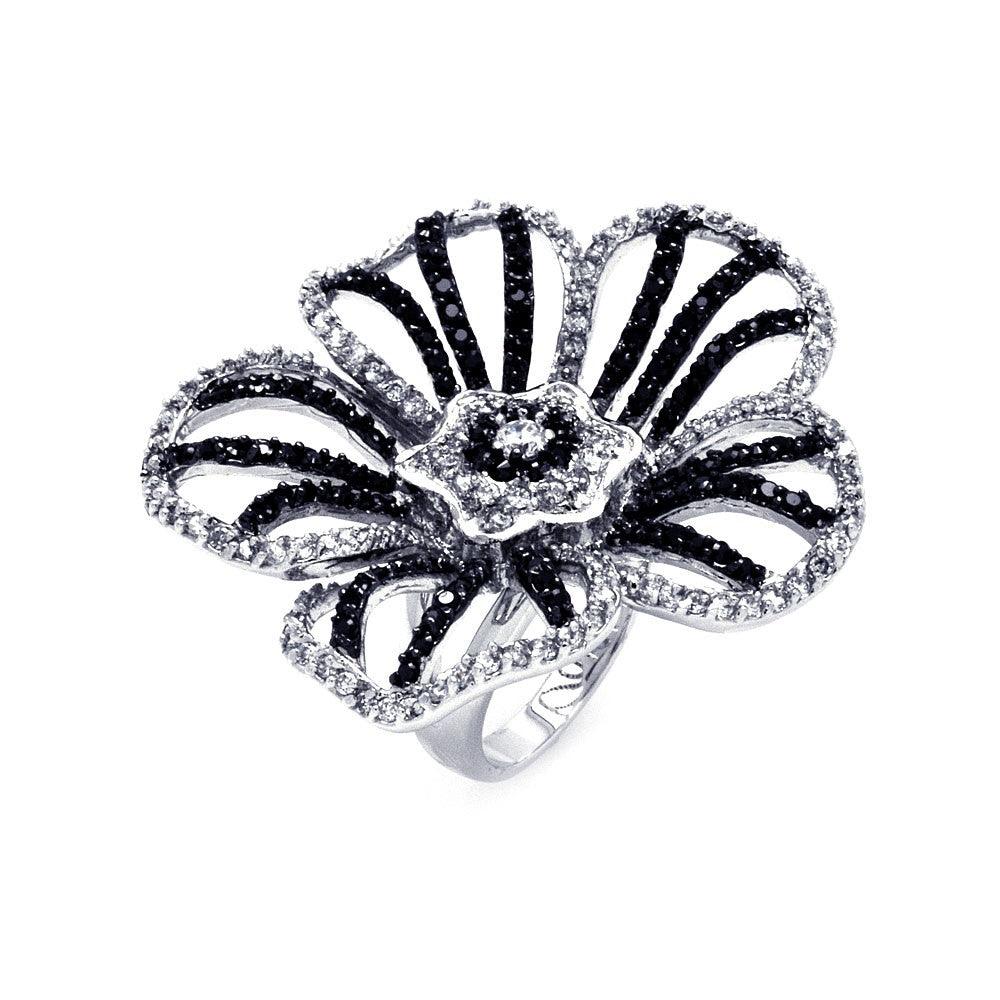Silver 925 Rhodium and Black Rhodium Plated 2 Toned Black and Clear CZ Flower Ring - BGR00313