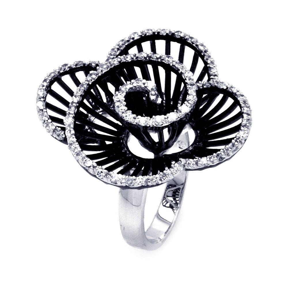 Silver 925 Rhodium and Black Rhodium Plated 2 Toned Clear CZ Twirly Flower Ring - BGR00314BLK