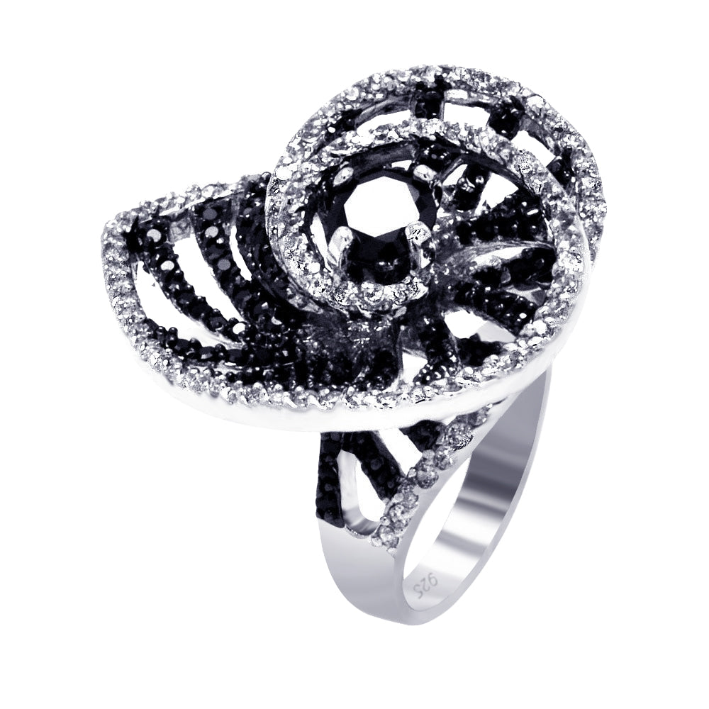 Silver 925 Rhodium and Black Rhodium Plated 2 Toned Black and Clear CZ Shell Ring - BGR00315
