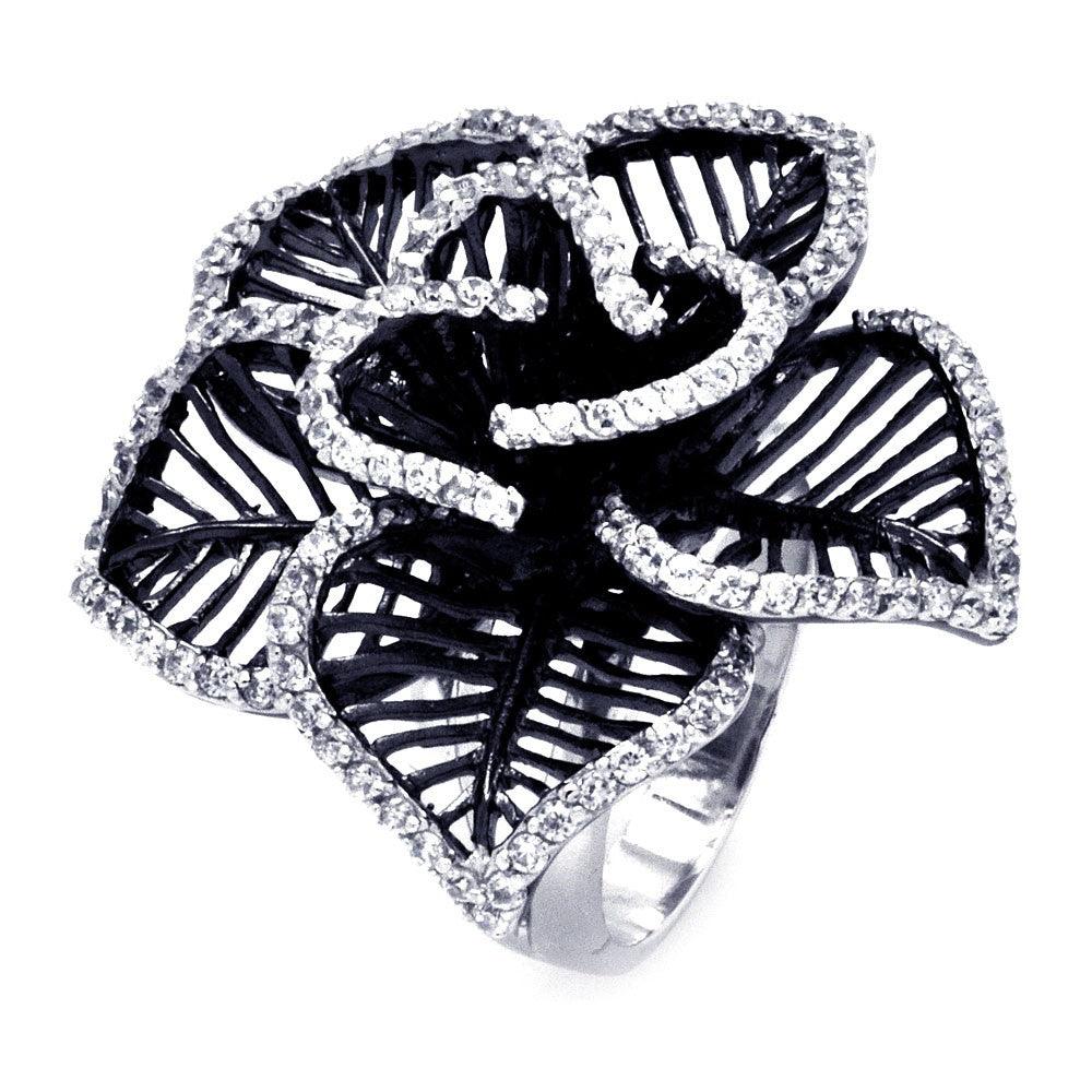 Silver 925 Rhodium and Black Rhodium Plated 2 Toned Clear CZ Open Flower Ring - BGR00316BLK