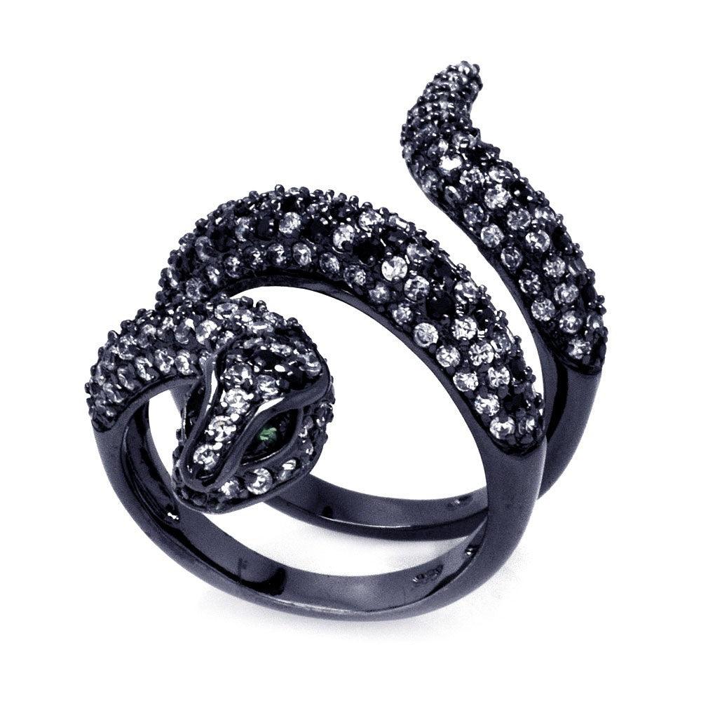 Silver 925 Black Rhodium Plated Black and Clear CZ Snake Wrap Ring - BGR00317