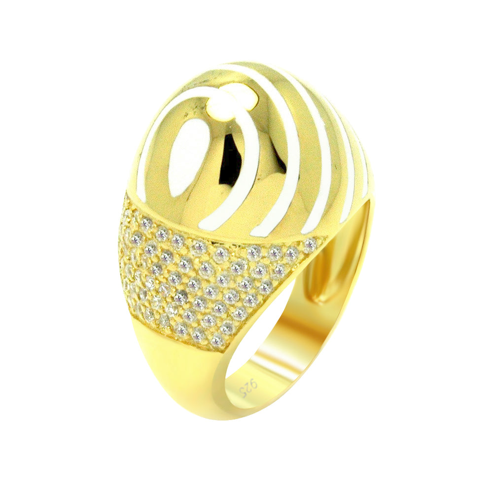 Silver 925 Gold Plated White Enamel Clear CZ Stripe Egg Ring - BGR00318