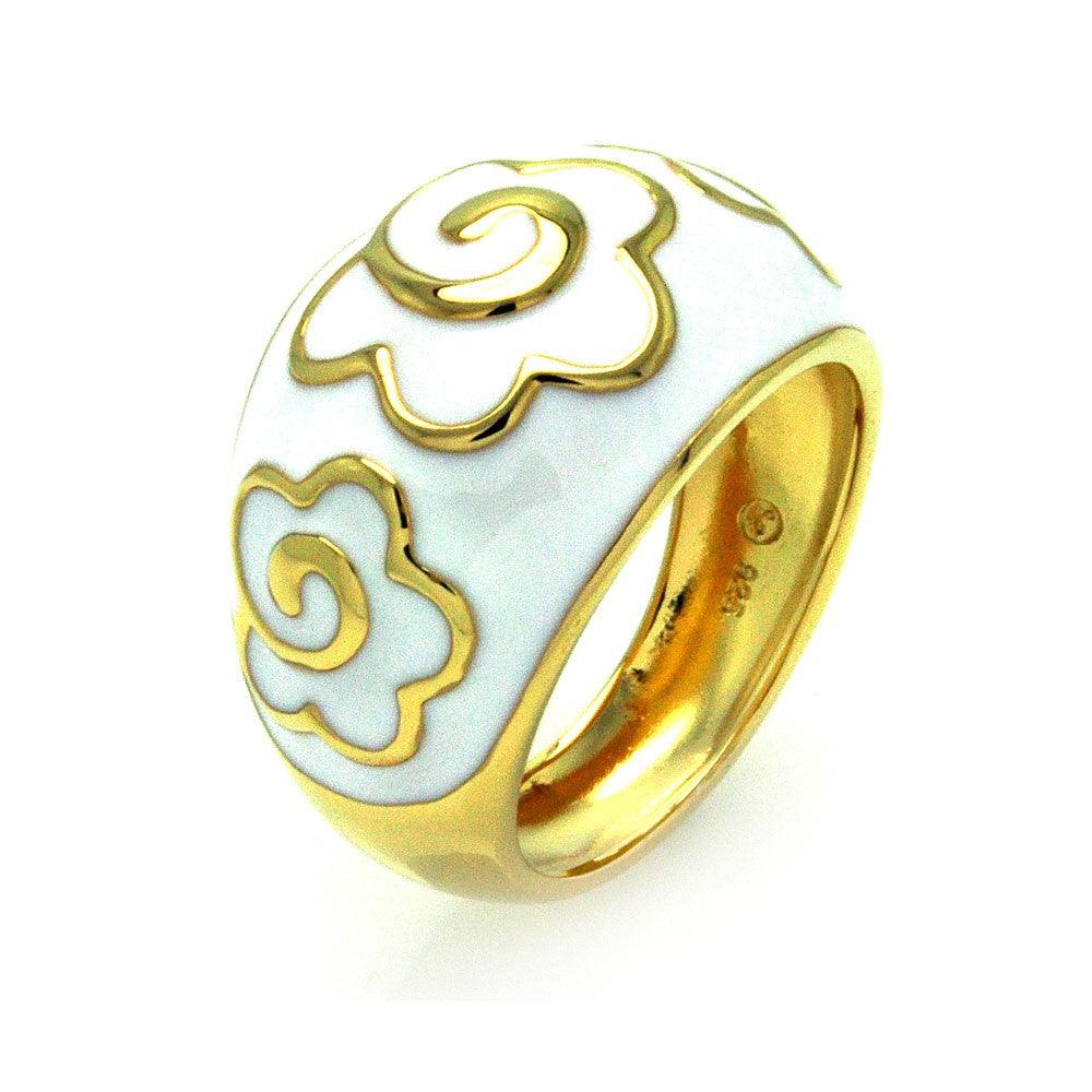 Silver 925 Gold Plated White Enamel CZ Flower Dome Ring - BGR00319