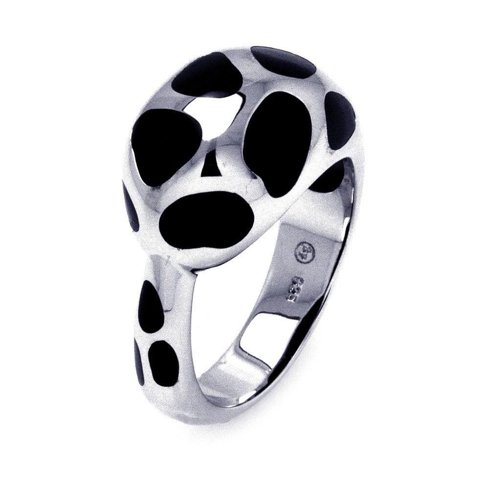 Silver 925 Rhodium Plated Black Enamel Spotted Ring - BGR00320