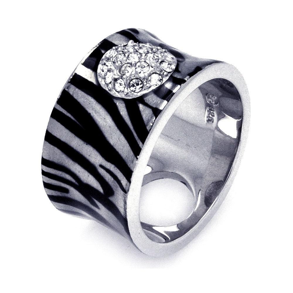 Silver 925 Rhodium Plated Clear Pave Set CZ Zebra Print Ring - BGR00321