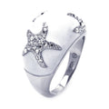 Silver 925 Rhodium Plated White Enamel Clear CZ Starfish Dome Ring - BGR00322