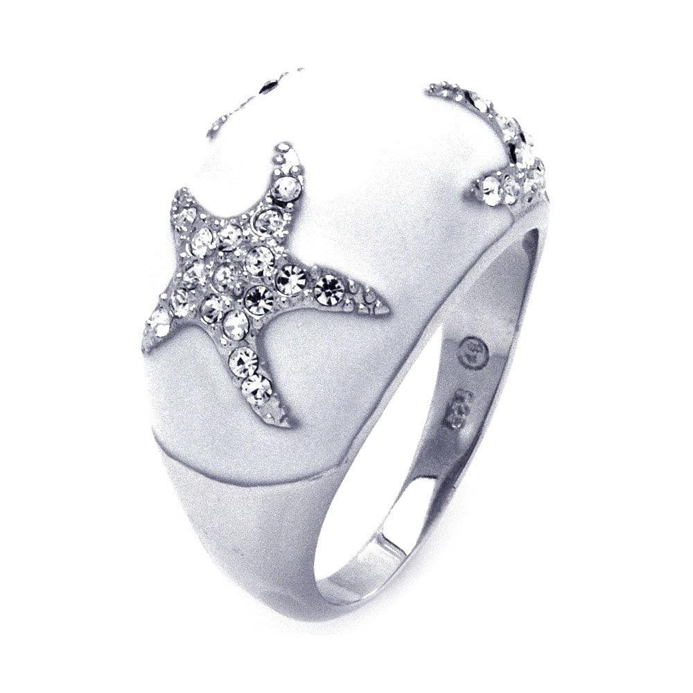 Silver 925 Rhodium Plated White Enamel Clear CZ Starfish Dome Ring - BGR00322