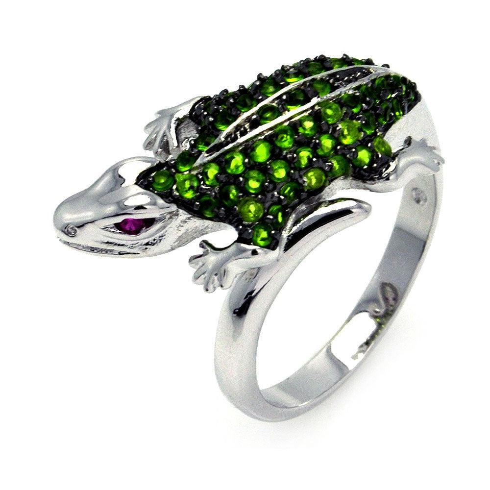 Silver 925 Rhodium Plated Purple and Green Pave Set CZ Lizard Ring - BGR00324