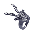 Silver 925 Black Rhodium Plated Black and Clear CZ Reindeer Head Ring - BGR00325