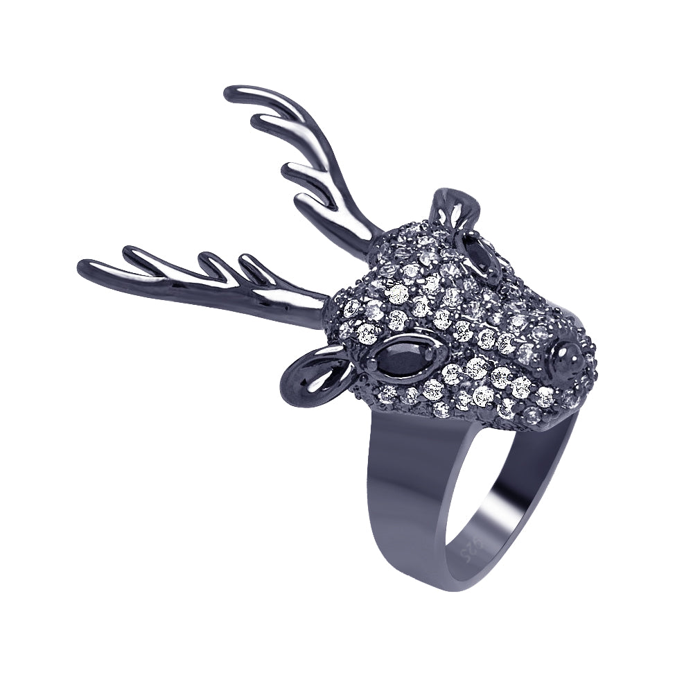 Silver 925 Black Rhodium Plated Black and Clear CZ Reindeer Head Ring - BGR00325