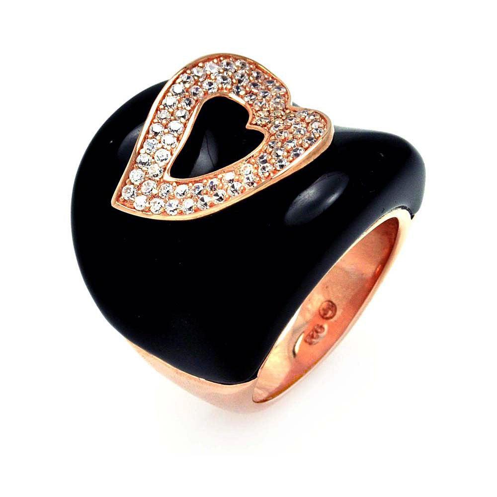 Silver 925 Gold Plated Black Onyx Clear CZ Heart Ring - BGR00327