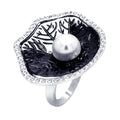 Silver 925 Rhodium and Black Rhodium Plated 2 Toned Pearl Center Clear CZ Leaf Ring - BGR00328