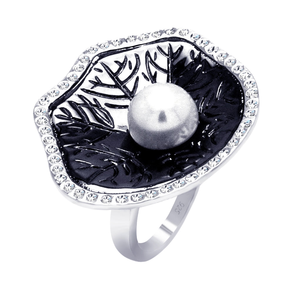 Silver 925 Rhodium and Black Rhodium Plated 2 Toned Pearl Center Clear CZ Leaf Ring - BGR00328