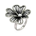 Silver 925 Rhodium and Black Rhodium Plated Clear CZ Open Flower Ring - BGR00329