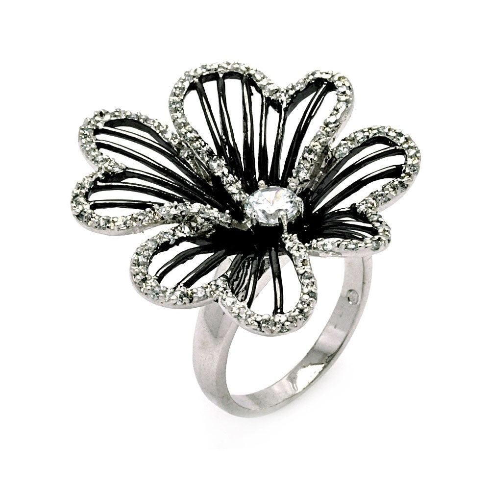 Silver 925 Rhodium and Black Rhodium Plated Clear CZ Open Flower Ring - BGR00329