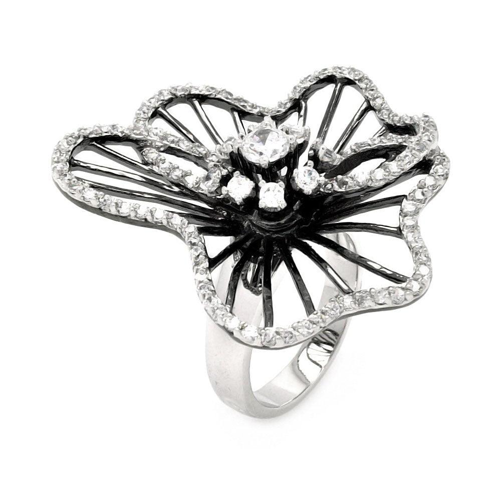 Silver 925 Rhodium and Black Rhodium Plated Clear CZ Wavy Flower Ring - BGR00330