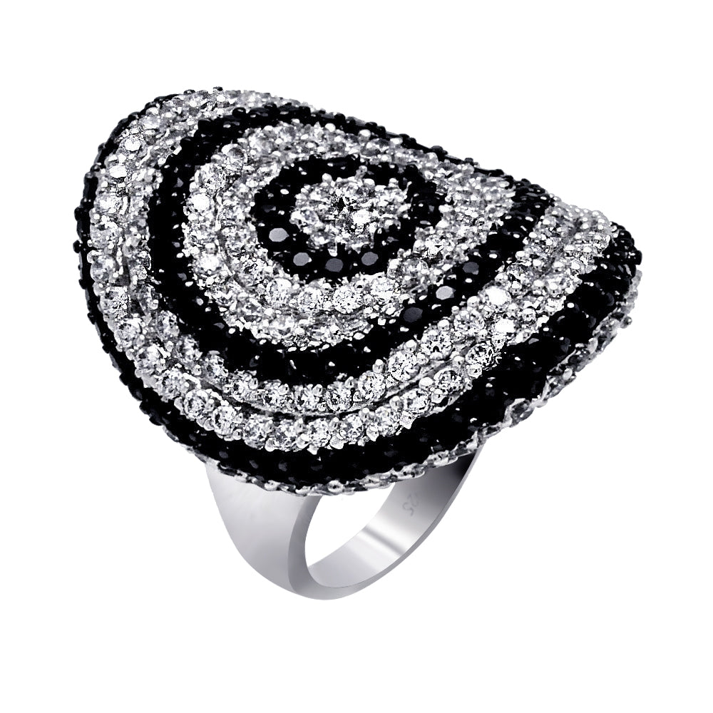 Silver 925 Rhodium and Black Rhodium Plated Clear and Black CZ Spiral Ring - BGR00352