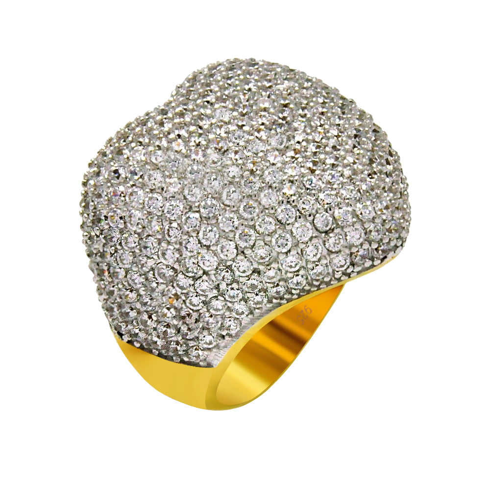 Silver 925 Gold Plated Pave Set Clear CZ Round Heart Ring - BGR00353