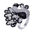Silver 925 Rhodium and Black Rhodium Plated 2 Toned Black and Clear Pave Set CZ Peacock Ring - BGR00354