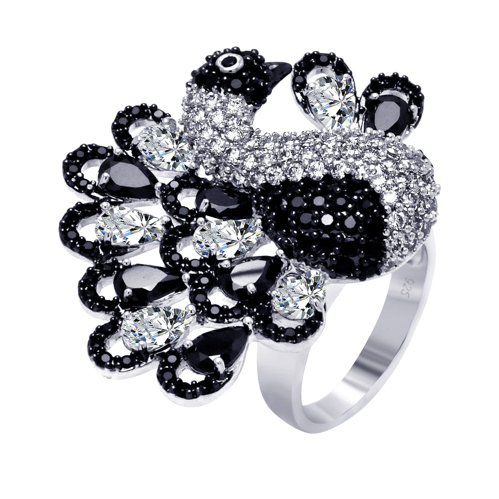 Silver 925 Rhodium and Black Rhodium Plated 2 Toned Black and Clear Pave Set CZ Peacock Ring - BGR00354