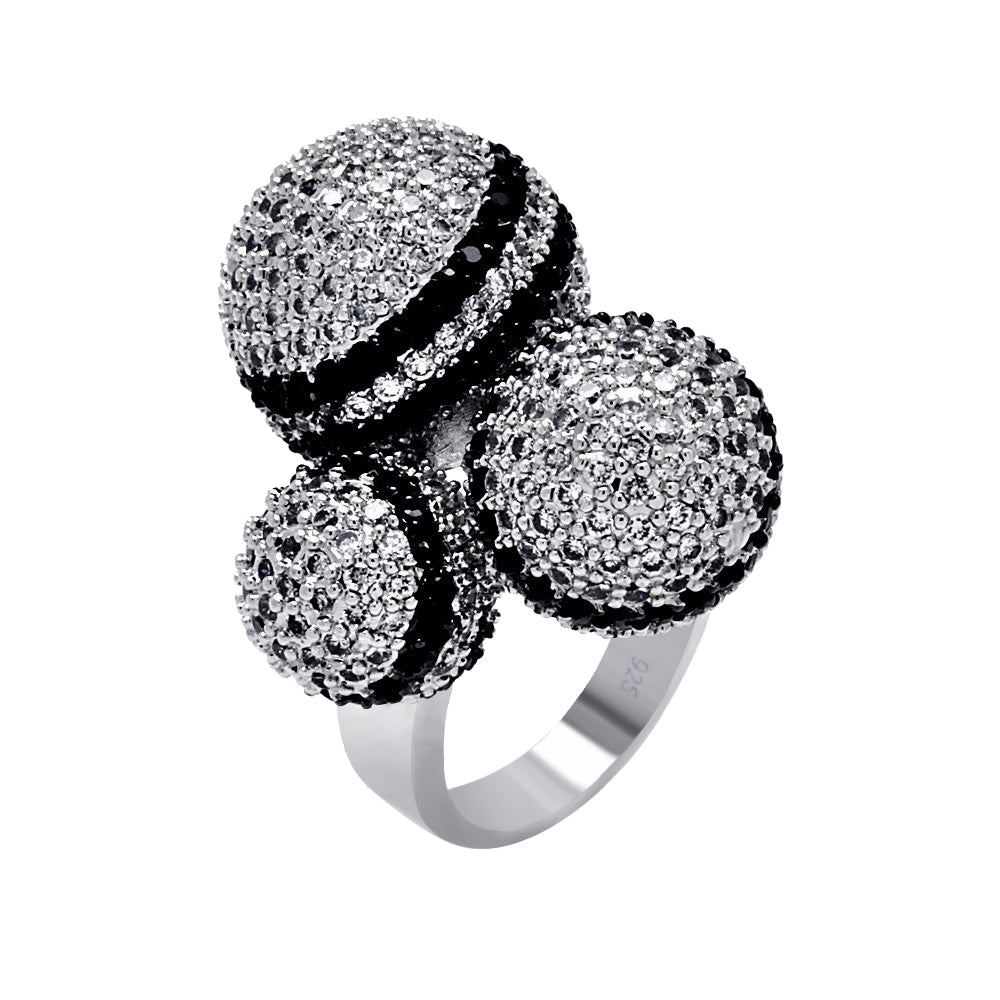 Silver 925 Rhodium and Black Rhodium Plated Black and Clear Pave Set CZ Multiple Ball Ring - BGR00355