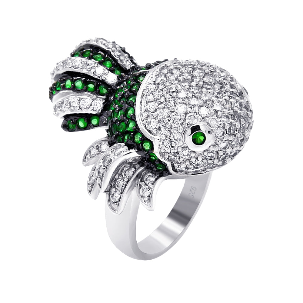Silver 925 Rhodium and Black Rhodium Plated 2 Toned Clear and Green CZ Guppy Fish Ring - BGR00358