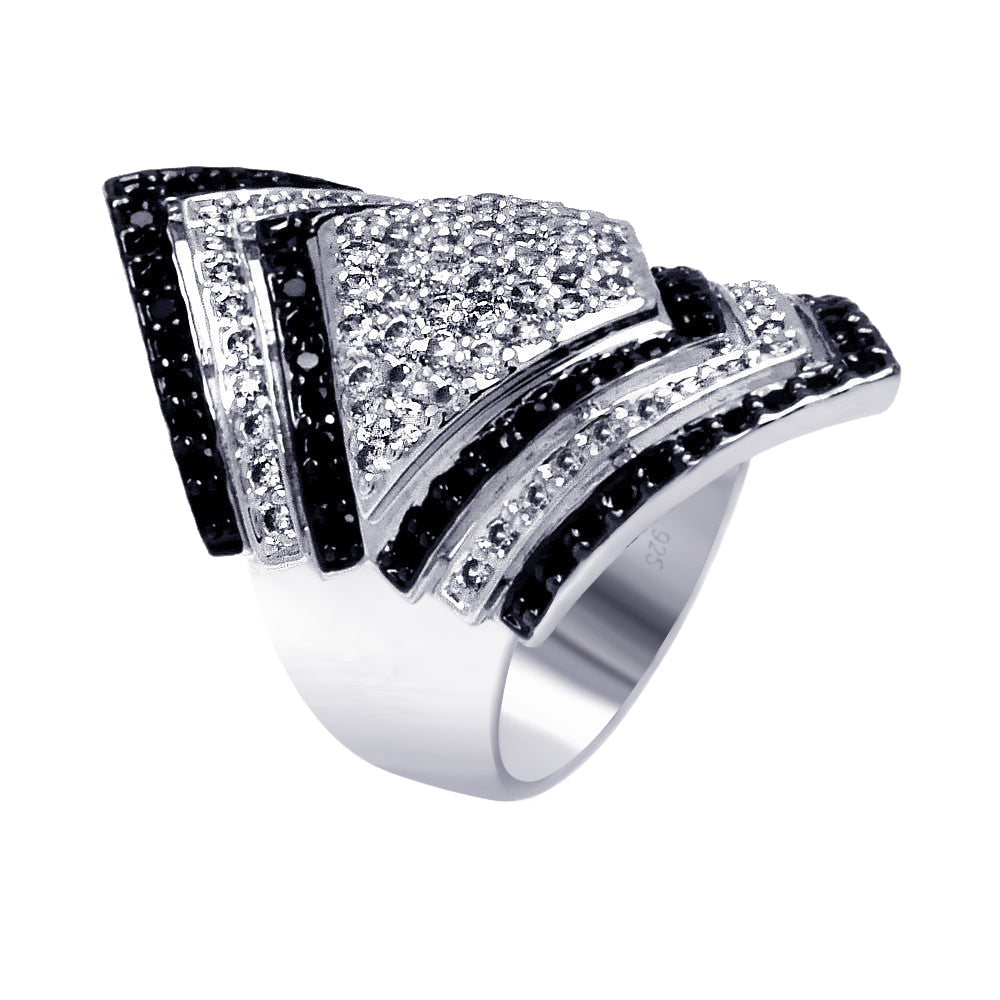 Silver 925 Rhodium and Black Rhodium Plated 2 Toned Clear and Black Pave Set CZ Diamond Shaped Ring - BGR00359