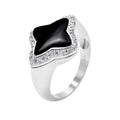 Silver 925 Rhodium Plated Black Onyx Center Clear Cluster Border CZ Flower Ring - BGR00378