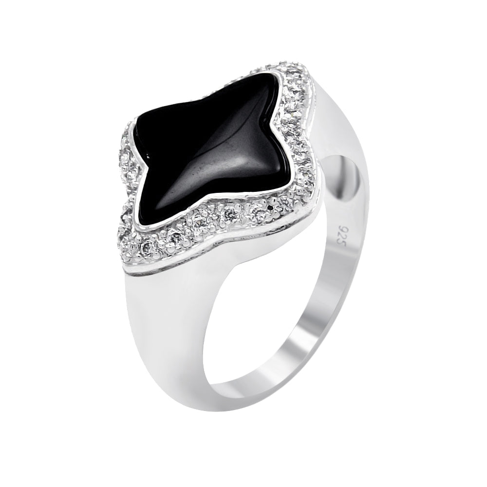 Silver 925 Rhodium Plated Black Onyx Center Clear Cluster Border CZ Flower Ring - BGR00378