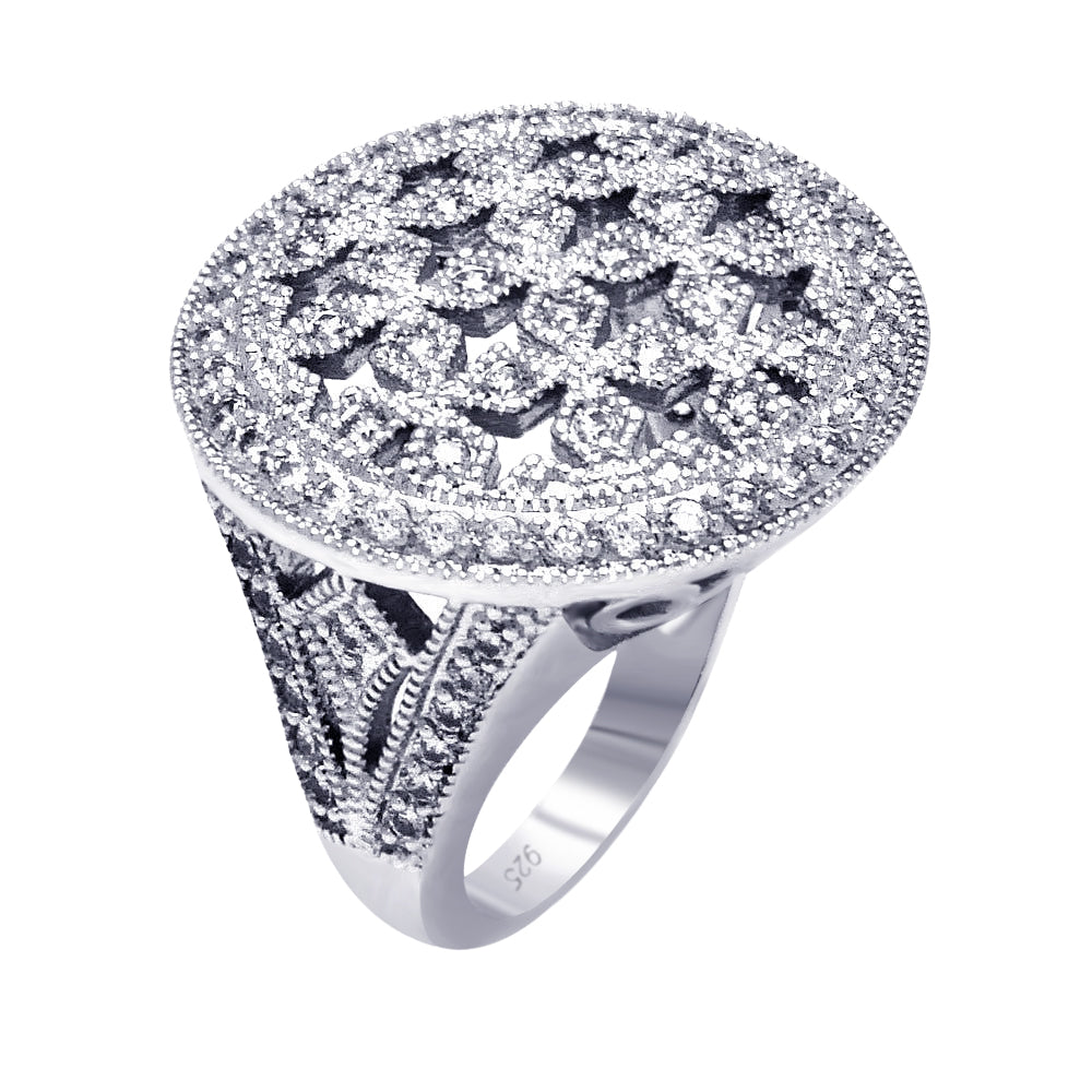 Silver 925 Rhodium Plated Clear Cluster CZ Cross Out Disc Ring - BGR00379