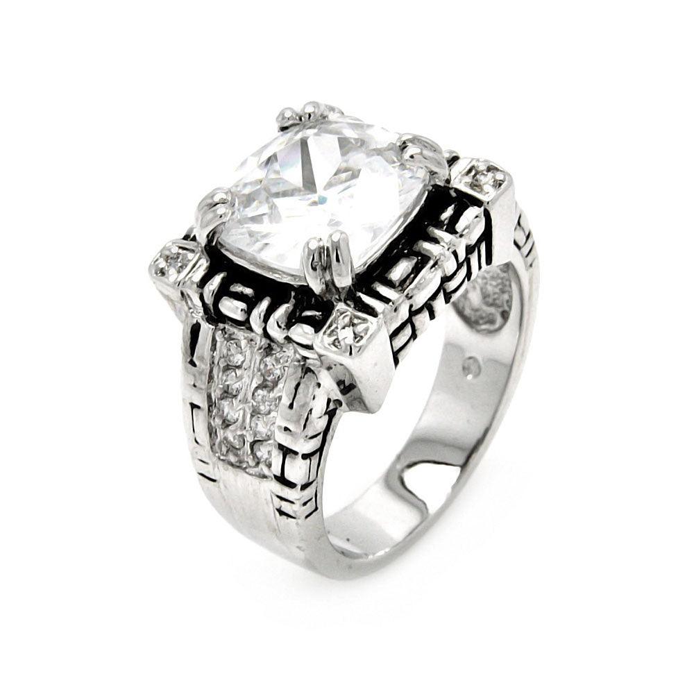 Silver 925 Rhodium Plated Clear CZ Square Antique Ring - BGR00406