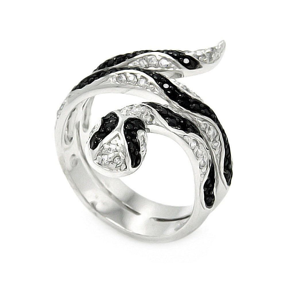 Silver 925 Rhodium and Black Rhodium Plated Clear and Black CZ Snake Wrap Ring - BGR00446