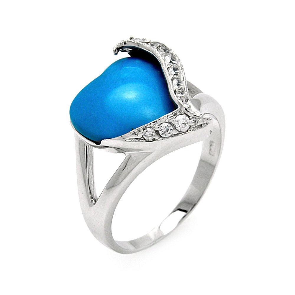 Silver 925 Rhodium Plated Turquoise Center Clear CZ Heart Ring - BGR00562