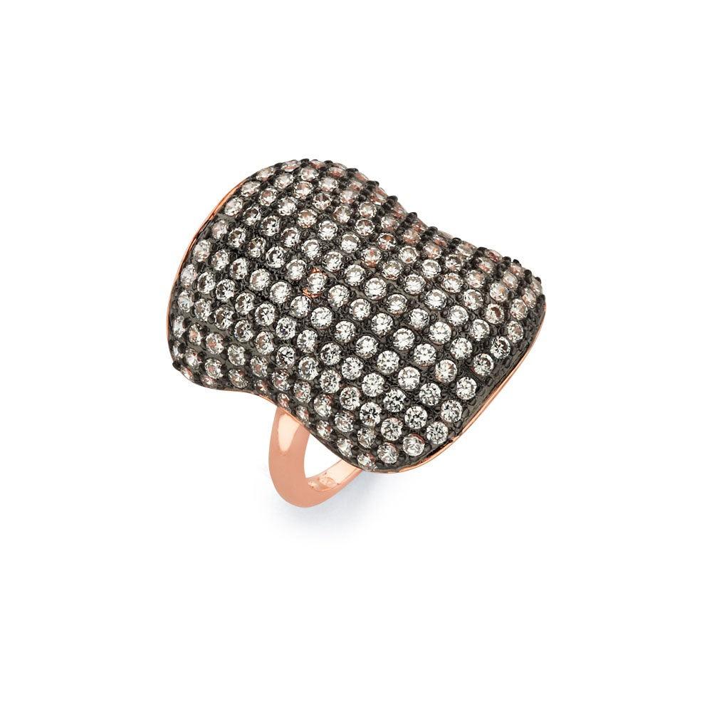 Silver 925 Black Rhodium and Rose Gold Plated 2 Toned Clear Micro Pave Set CZ Ring - BGR00582