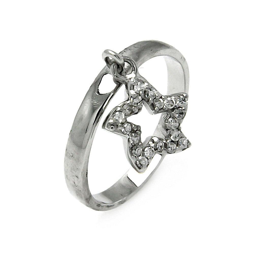 Silver 925 Rhodium Plated Dangling CZ Star Ring - STR00005