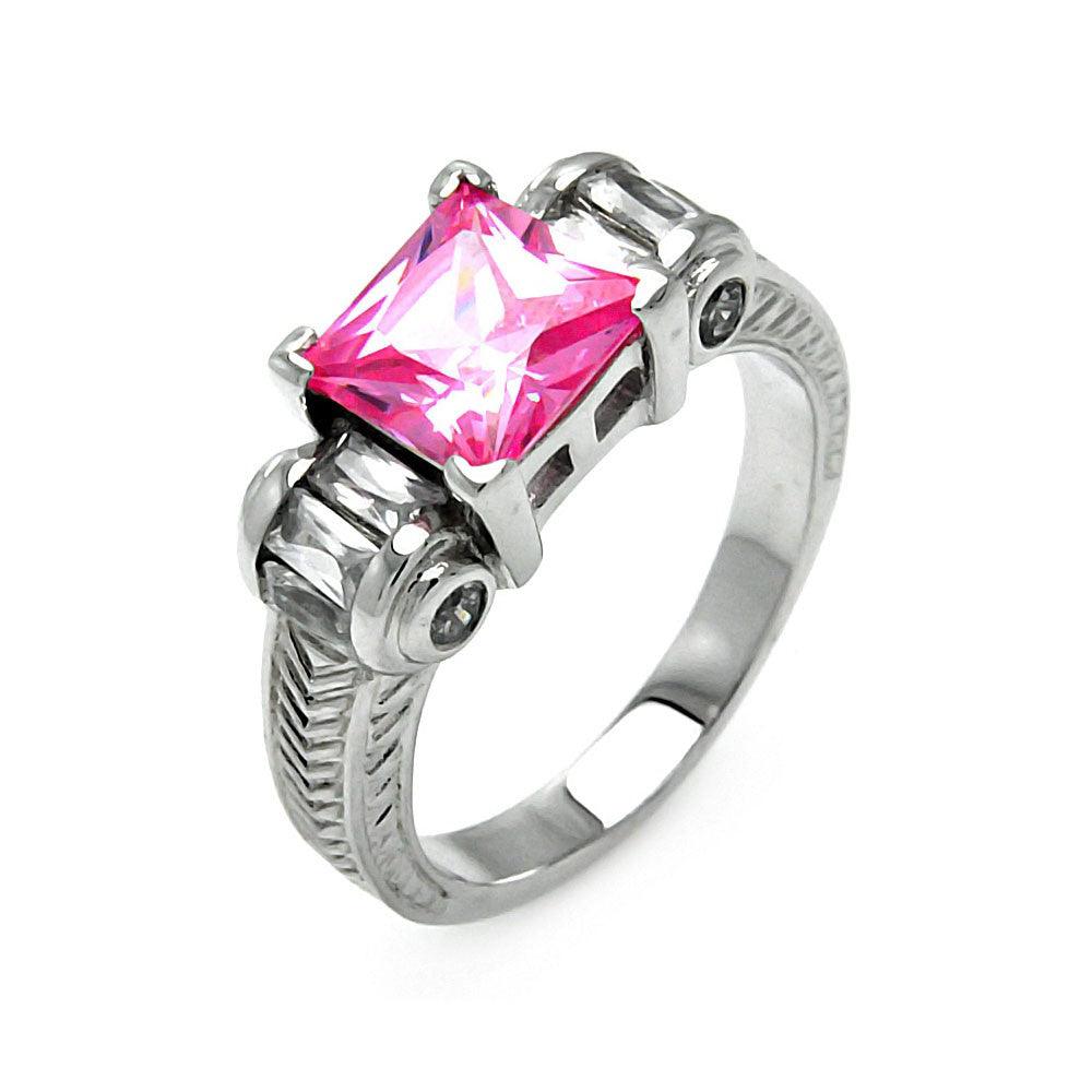 Silver 925 Rhodium Plated Pink Princess Cut CZ Ring - STR00006PNK