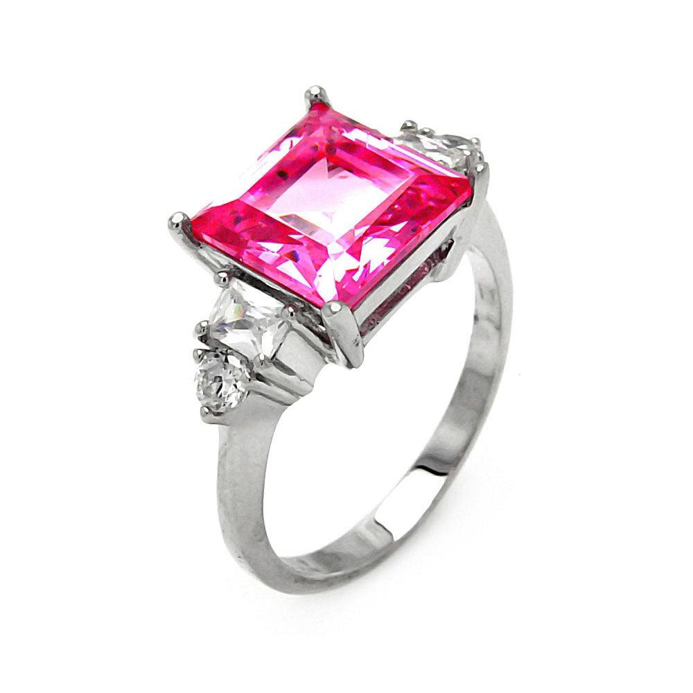 Silver 925 Rhodium Plated Pink Princess Cut CZ Ring - STR00014