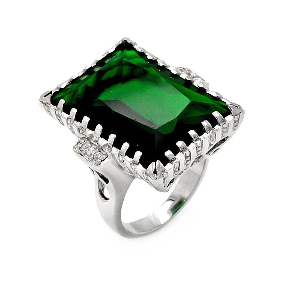 Silver 925 Rhodium Plated Large Green Rectangular CZ Ring - STR00031GRN