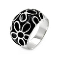 Silver 925 Rhodium Plated Black Enamel Flower Ring - STR00042