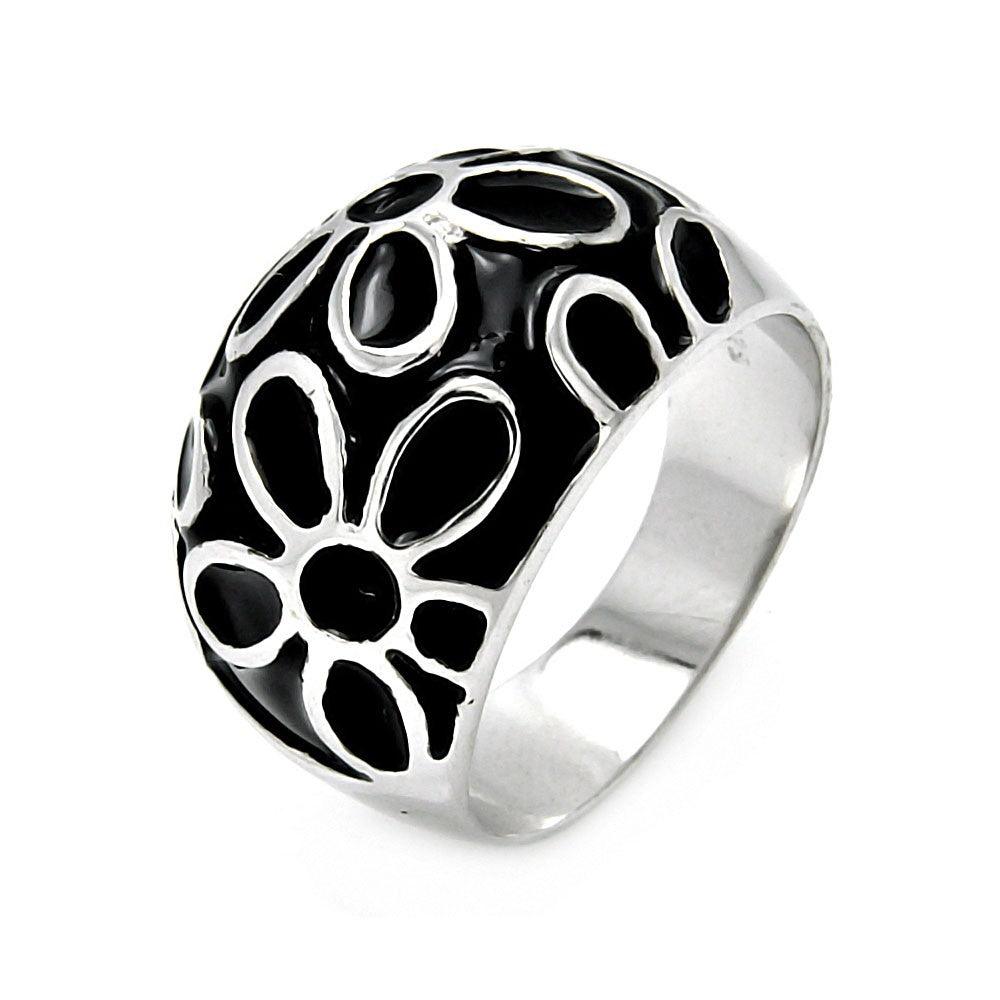 Silver 925 Rhodium Plated Black Enamel Flower Ring - STR00042