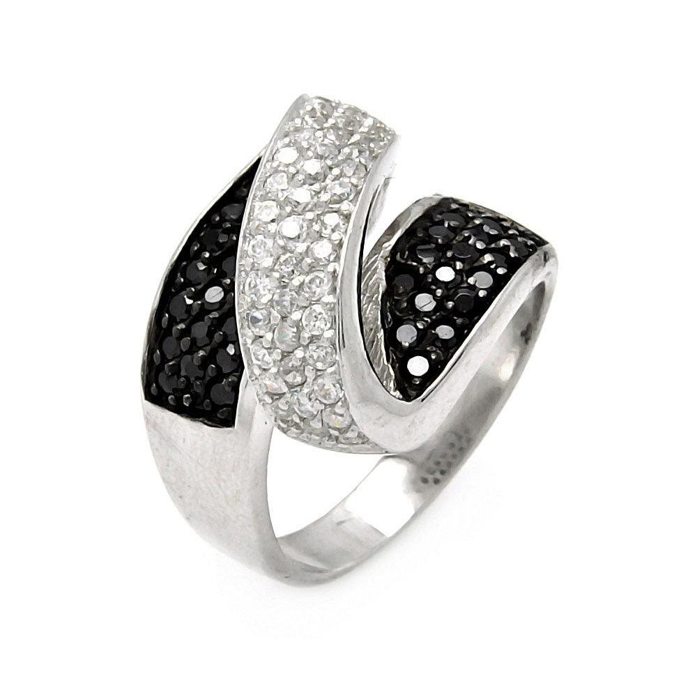 Silver 925 Rhodium and Black Rhodium Plated Clear and Black CZ Zigzag Ring - STR00045