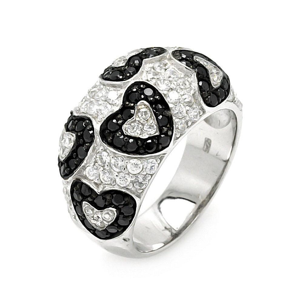Silver 925 Rhodium and Black Rhodium Plated Clear and Black CZ Heart Ring - STR00060