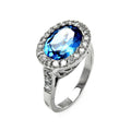 Silver 925 Rhodium Plated Blue Oval Clear Cluster CZ Ring - STR00079