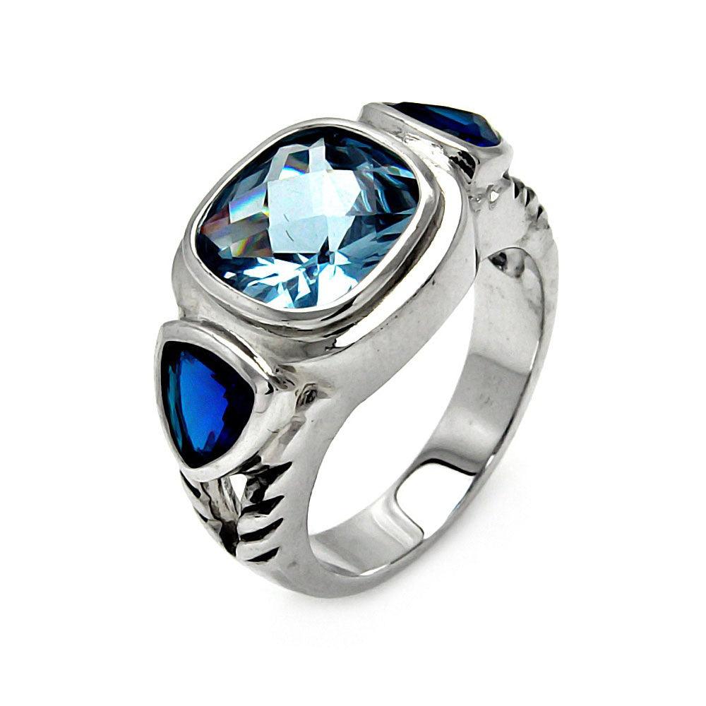 Silver 925 Rhodium Plated Square Blue Cushion Cut Triangular CZ Ring - STR00082BLU
