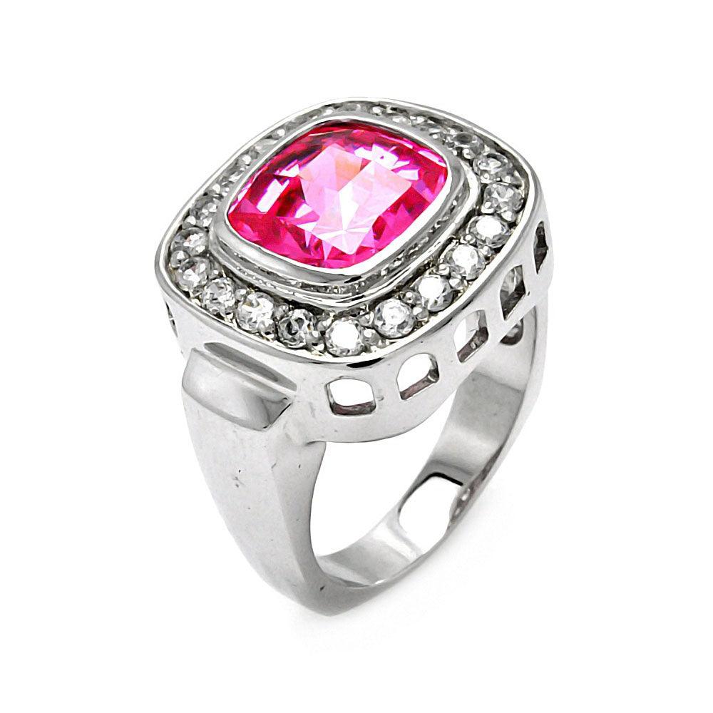 Silver 925 Rhodium Plated Pink Square CZ Ring - STR00101