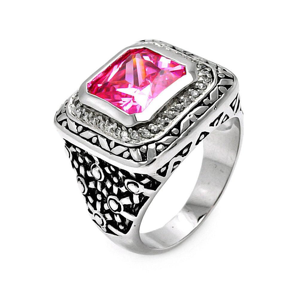 Silver 925 Oxidized Rhodium Plated Pink Square CZ Ring - STR00102PNK