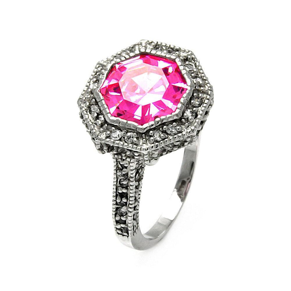 Silver 925 Oxidized Rhodium Plated Pink Octagon CZ Ring - STR00120PNK
