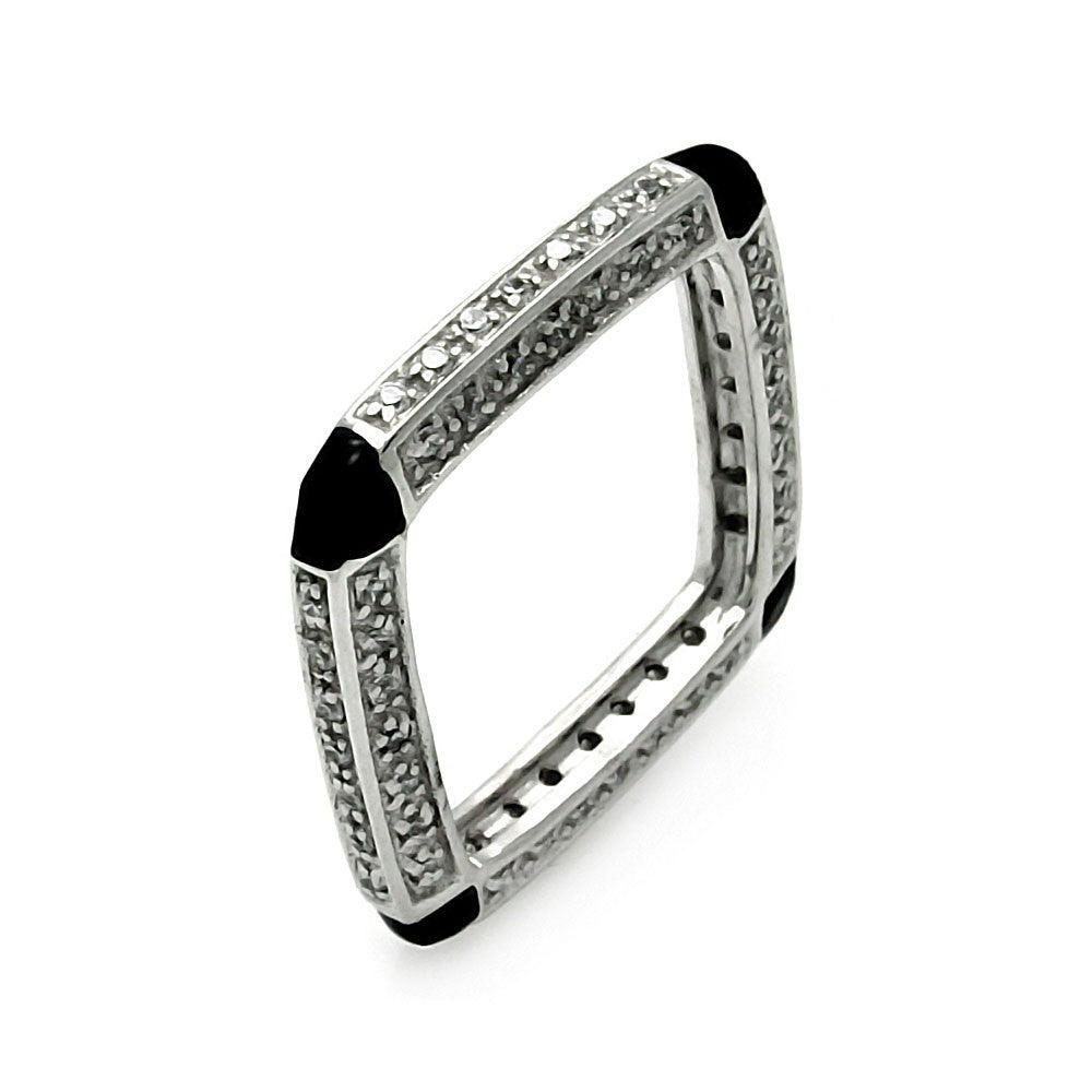 Silver 925 Rhodium Plated Black Enamel CZ Square Ring - STR00131